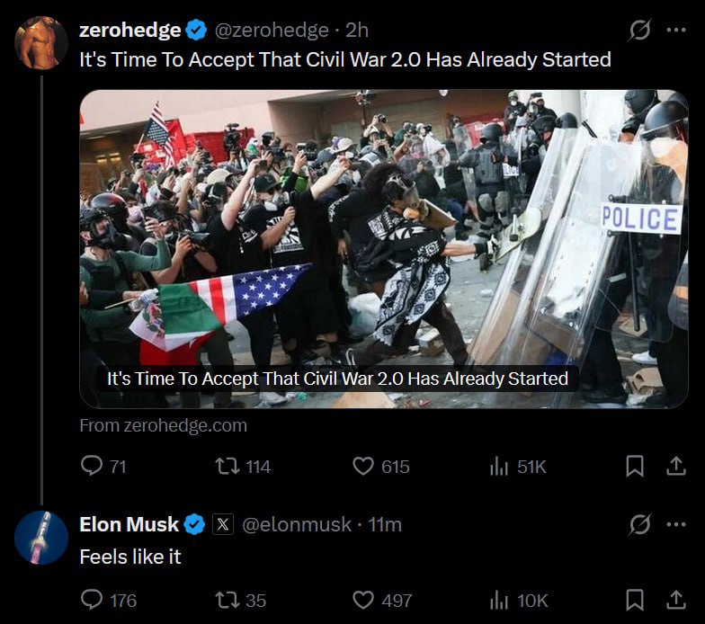 Маск считает, что в США началась Вторая гражданская война