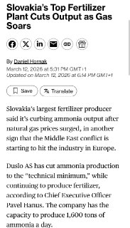 Газовый кризис в Европе: словацкий производитель удобрений сократил выпуск аммиака