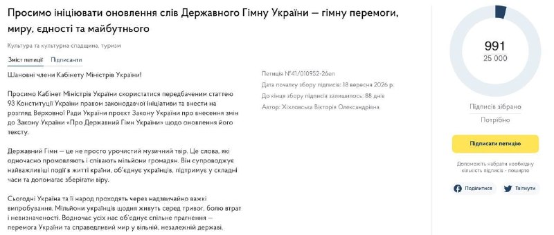В Украине хотят изменить текст гимна на более оптимистичный