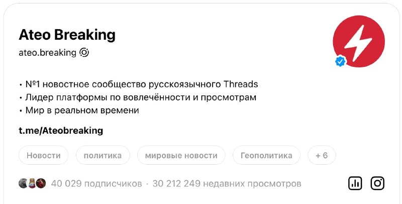 Ateo Breaking в Threads преодолел отметку в 40 000 читателей