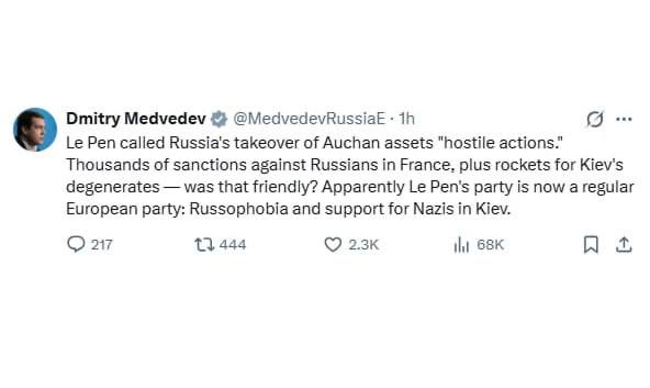 Медведев ответил на критику Марин Ле Пен в адрес России