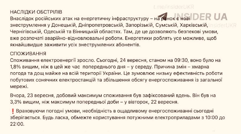 Частичные отключения света в восьми областях Украины из-за атак на энергетику