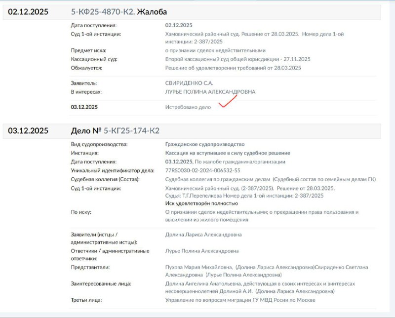 Дело Долиной: Верховный суд истребовал материалы